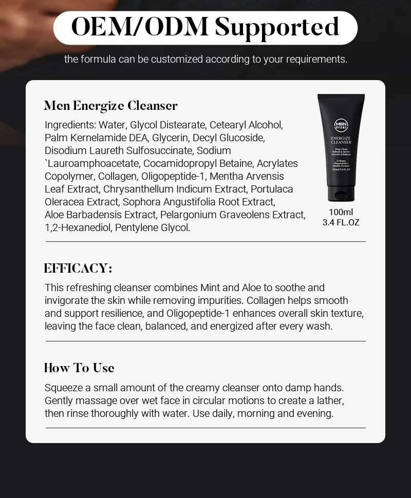 Details of Men Energize Cleanser, including ingredients, efficacy description, usage instructions, and product image on a black background.